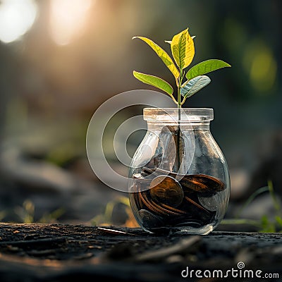 Generated image. Financial growth concept. Plant in a jar on coins Stock Photo