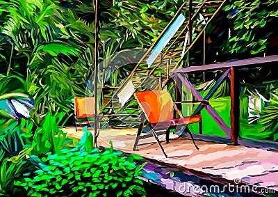 An impressionist painting style image of a garden with walkway bridge, chairs and plants Stock Photo