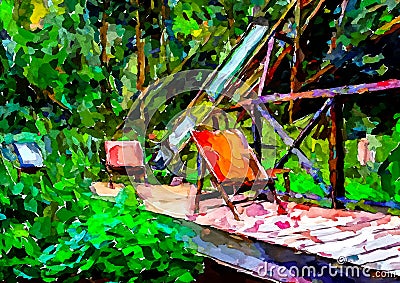 An impressionist painting style image of a garden with walkway bridge, chairs and plants Stock Photo