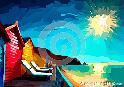 An artistic sketch showing beach huts and deck chairs by the seaside Stock Photo