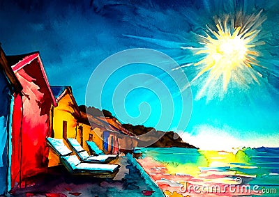 An artistic sketch showing beach huts and deck chairs by the seaside Stock Photo