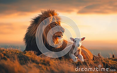 Divine Harmony: Lion and Lamb Together in Peaceful Unity, Reflecting the Messianic Promise of Isaiah 11:6 Stock Photo