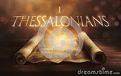 Glowing open scroll parchment revealing the book of the Bible. Book of 1 Thessalonians Stock Photo