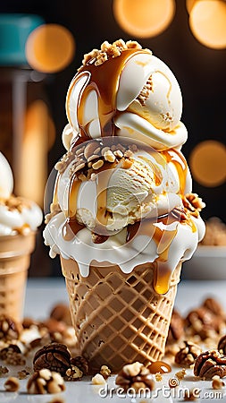 Ice cream with salt caramel and nuts. Sweet, dessert, summer food concept. Stock Photo