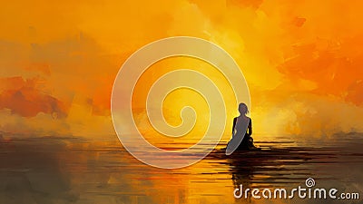 Generated Iyoung woman silhouette in the water at sunrise or sunset with orange cloudy background. mage Stock Photo