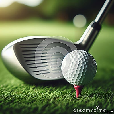 Golf ball sits on tee at the start of long drive, on golf course Stock Photo