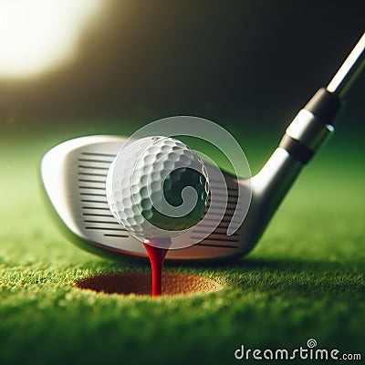 Golf ball sits on tee at the start of long drive, on golf course Stock Photo