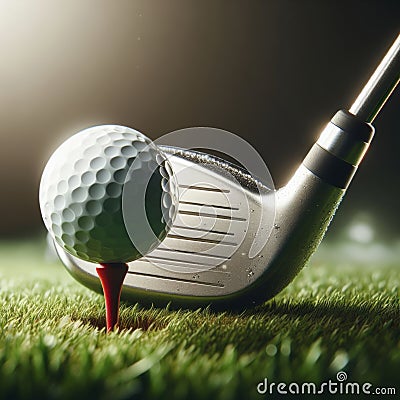 Golf ball sits on tee at the start of long drive, on golf course Stock Photo