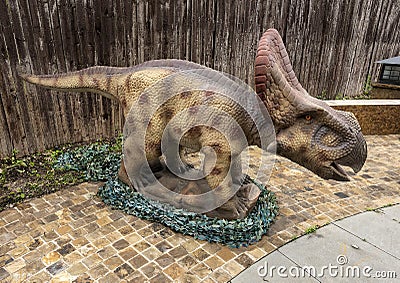 Protoceratops dinosaur sculpture on display at the Fort Worth Botanic Garden in Texas. Editorial Stock Photo