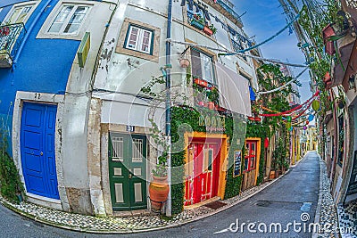 Rua da Silva, better known as Rua Verde, a green street in Lisbon, Portugal Editorial Stock Photo