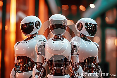 Android robots. Three white robots. Humanoid robots Stock Photo