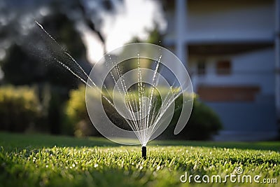Automatic watering on a green lawn. Close-up. Irrigation system in the home garden. Automatic watering of a green lawn Stock Photo