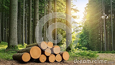 Beautiful forest with neatly stacked logs, with sunlight gently filtering through trees. Heap of tree sticks Stock Photo