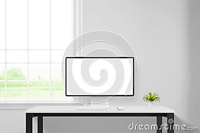 Clean workspace with computer display mockup, isolated for web page promotion Stock Photo
