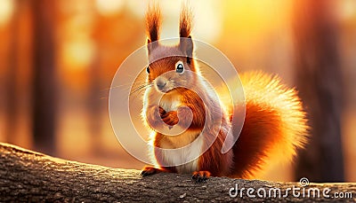 A cute squirrel sits sitting on the road. The sun's rays break through the autumn foliage of the forest Stock Photo