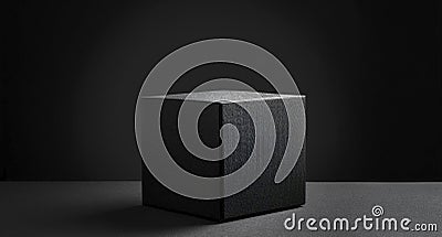 Dark abstract background, tech composition, black cube or box 3d in darkness. Clean object, shape. Geometric simple cover design Stock Photo