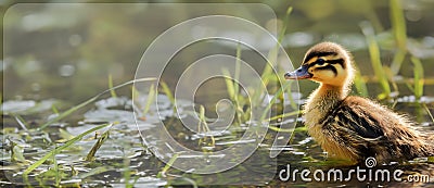 Panorama, Portrait of a duckling on the river bank. A cute duckling swims in the water. Close-up. Farm animals or birds Stock Photo