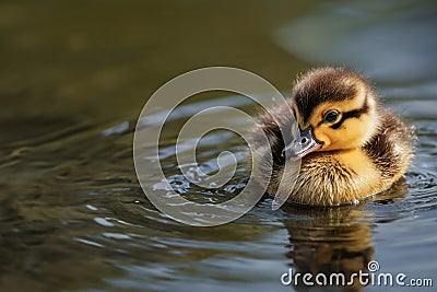 Panorama, Portrait of a duckling on the river bank. A cute duckling swims in the water. Close-up. Farm animals or birds Stock Photo