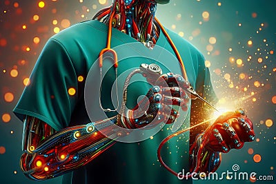 A robot surgeon performs medical operations. Stock Photo