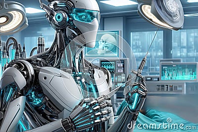 A robot surgeon performs medical operations. Stock Photo