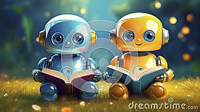 Generated image Robotic Learning: Two Little Robots Reading Together Stock Photo