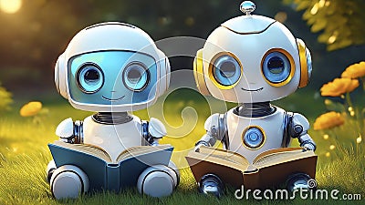 Generated image Robotic Learning: Two Little Robots Reading Together Stock Photo