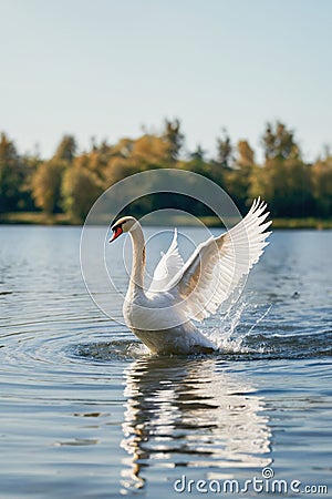 The swan flapped its wings above the surface of the water Stock Photo