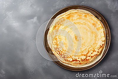 Thin pancakes or russian blini on gray background. Generative AI Stock Photo
