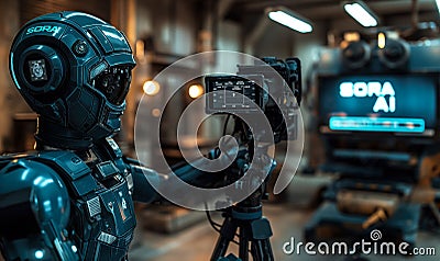 Advanced Humanoid Robot Filmmaker Demonstrating Sora Text-to-Video AI Model in a High-Tech Videography Studio Setting with Stock Photo