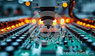 Automated Machine Arm Ensuring Precision Calibration and Component Assembly on a High-End Electronic Production Site Stock Photo