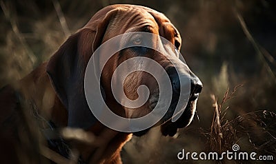 close up photo of bloodhound with natural blurry background. Generative AI Stock Photo