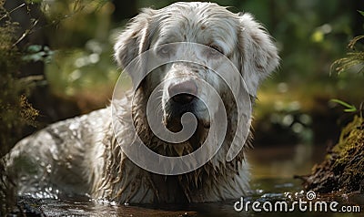 close up photo of kuvasz dog on blurry outdoors background. Generative AI Stock Photo