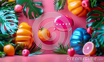 Colorful conversation bubbles in a whimsical pink setting with tropical leaves and round fruits, symbolizing playful Stock Photo