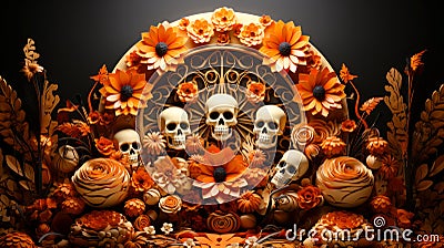 Craft Style Podium 3D Stage Table with Day of the Dead Paper Cut Art Stock Photo