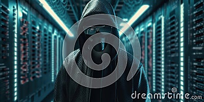 Dark hacker with hood and mask strikes inside of data center. Generative AI Stock Photo