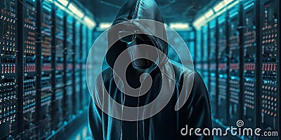 Dark hacker with hood and mask strikes inside of data center. Generative AI Stock Photo