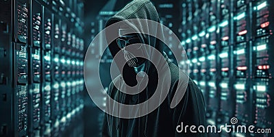 Dark hacker with hood and mask strikes inside of data center. Generative AI Stock Photo