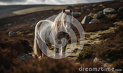 Dartmoor pony amidst rugged untamed wilderness of Dartmoor National Park. ponys hardy surefooted nature and its distinct breed Stock Photo