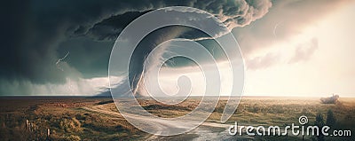 Destructive tornado vortex at open landscape with cloudy sky. Generative AI Stock Photo