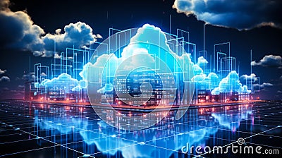 Digital Illustration of Cloud Computing Network with Glowing Blue Clouds and Data Streams on a Futuristic Grid Background Concept Stock Photo