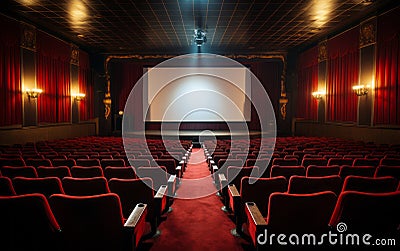 Empty cinema theater with red seats curtains and a blank white screen ready for the audience to enjoy a movie Stock Photo