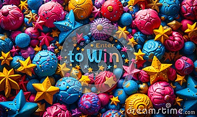 Enter to Win bold 3D text surrounded by vibrant multicolored stars, symbolizing contest, sweepstakes, rewards, chance, and Stock Photo