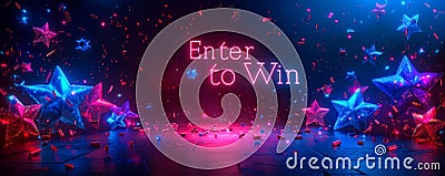 Enter to Win bold 3D text surrounded by vibrant multicolored stars, symbolizing contest, sweepstakes, rewards, chance, and Stock Photo