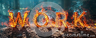 Flaming text reading WORK ablaze in fiery orange flames, symbolizing intense labor, burning passion for work, or the concept Stock Photo