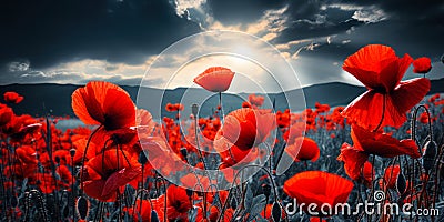 Floral Tribute Red Poppies in Field Symbolic Background for Remembrance or Armistice Day Stock Photo