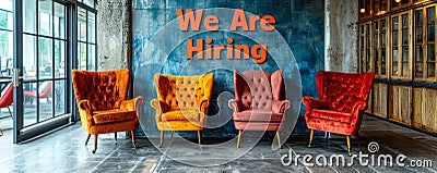 Four modern chairs against a grey wall with the words We Are Hiring written on it, signifying job opportunities and Stock Photo