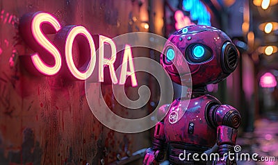 Futuristic Autonomous Robot in Dimly Lit Ambiance Representing SORA AI, a Text-to-Video Model by OpenAI, Showcasing Advanced Stock Photo