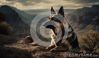 German Shepherd alert and poised amidst a rugged mountain landscape photo showing breeds characteristic strength loyalty Stock Photo