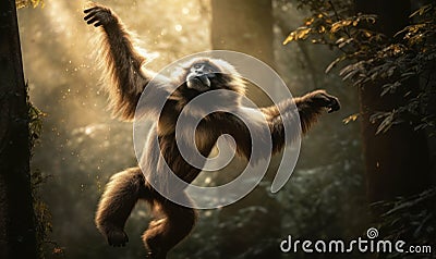 Gibbon suspended mid-air in a forest clearing. Composition showcases gibbons agile & acrobatic nature as it swings effortlessly Stock Photo