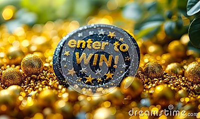 Golden raffle ticket with the phrase enter to WIN! suggesting participation in a lottery, contest, sweepstake, or a chance to Stock Photo